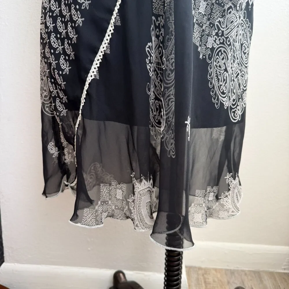 Y2K Sangria Black Mesh Overlay Midi Dress Paisley Sheer Tie Strap Slip 12 - Picture 6 of 8